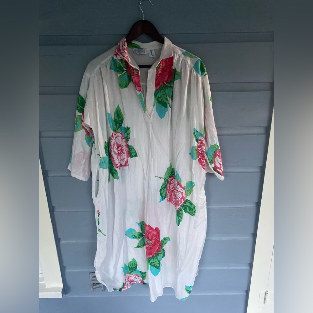 Clovis Ruffin Boutique Neiman Marcus Vintage Floral White Shirt Dress